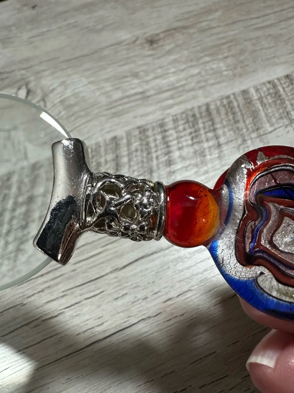 Vintage Pier 1 Blown Glass Magnifier Loupe~ Red, Blue, Silver Swirl - 5” in Box